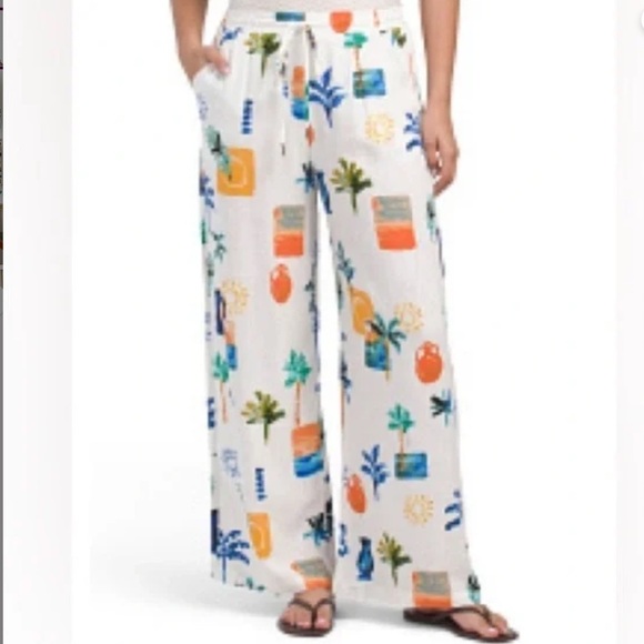 Label Of Love Pants - NWT  Anthropologie Label Of Love Tropical Print Wide Leg Linen Blend Pant Sz Lg